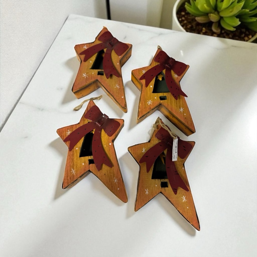 4 x JCPenney 7” wood tin‎ trimmed Christmas stars wood tin tree ornaments